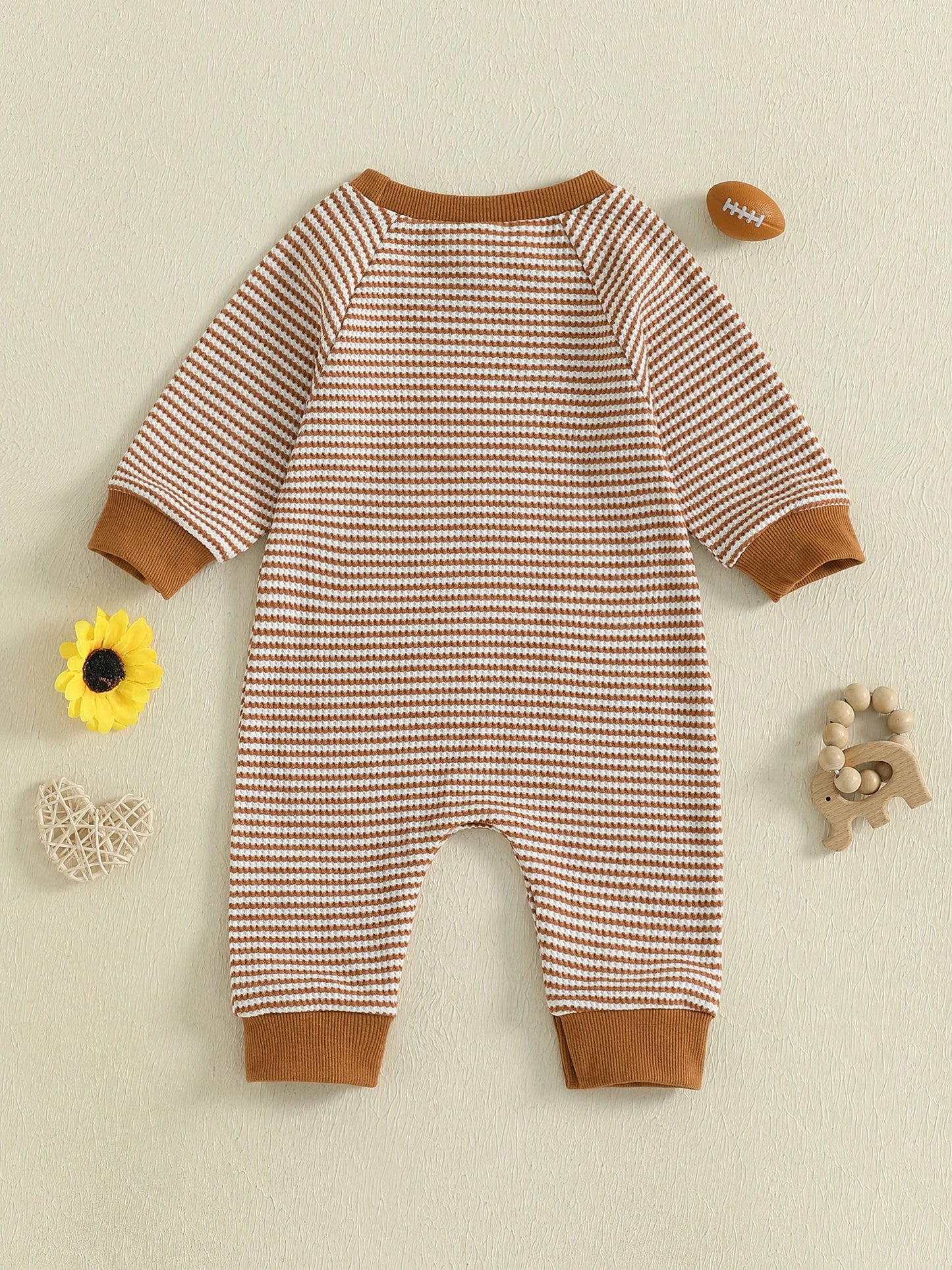 Baby Boy Fall Football Romper Casual Stripe Print Long Sleeve Game Day Jumpsuit