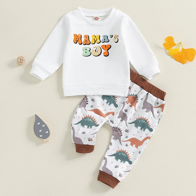 Baby Toddler Boys 2Pcs Mama's Boy Fall Outfit Letter Print Long Sleeve Top and Dinosaur Print Long Pants Set