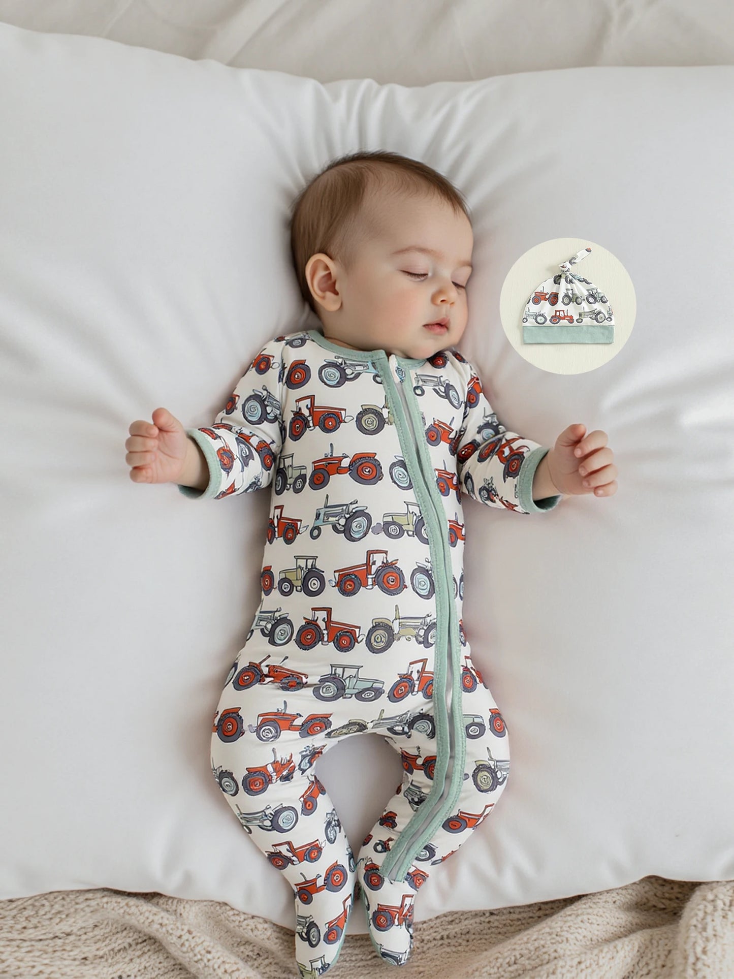 Baby Boys 2Pcs Fall Footed Romper Cute Tractor Pattern Round Neck Long Sleeve Zipper Jumpsuit with Hat Set