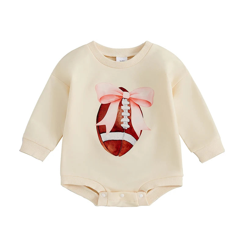 Baby Girls Bubble Romper Long Sleeve Crew Neck Bow Football Print Fall Bodysuit