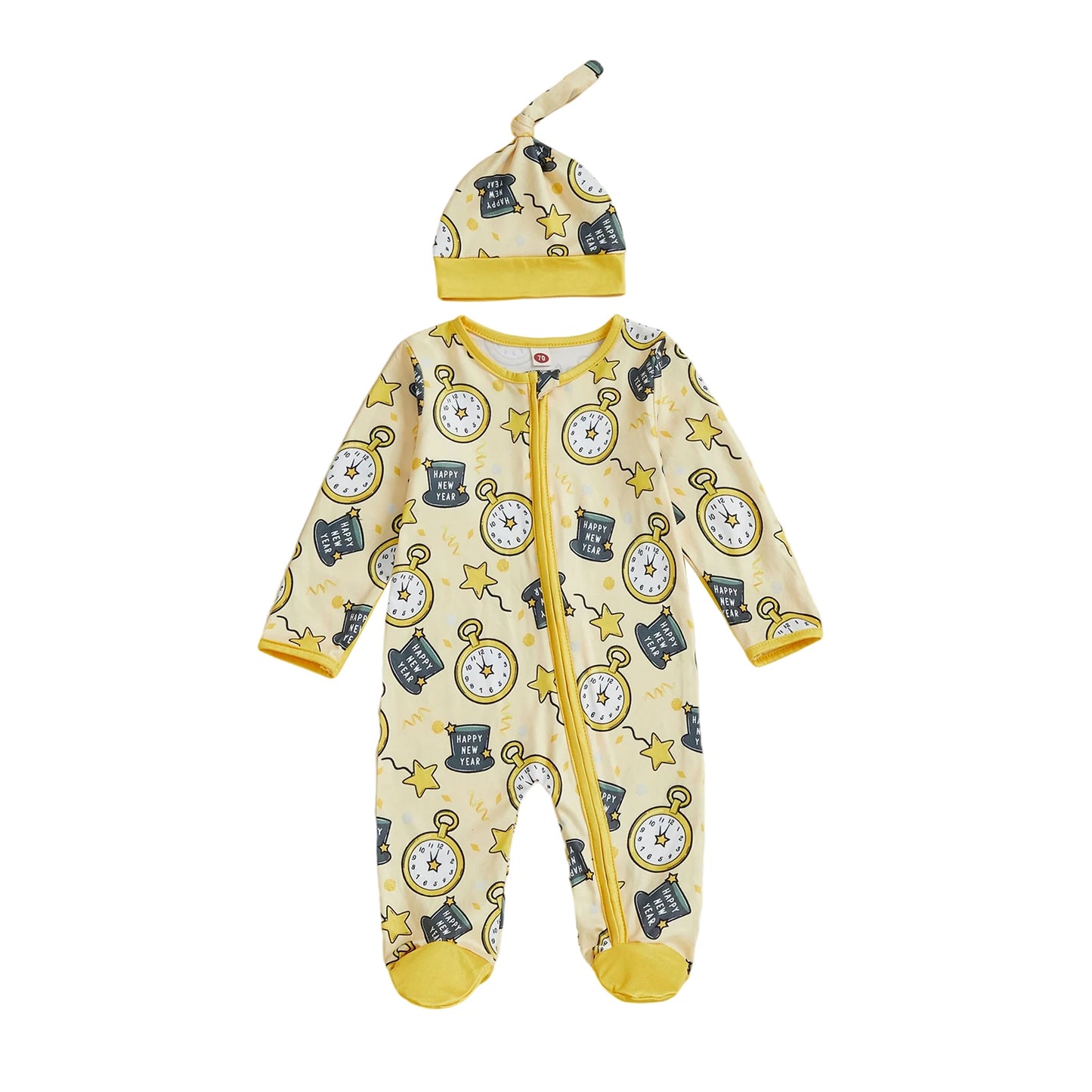 Baby Boy Girl 2Pcs Happy New Year Outfits Cute Long Sleeve Round Neck Hat Clock Print Footed Jumpsuit and Hat Set