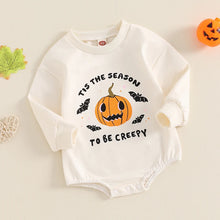 Load image into Gallery viewer, Baby Girl Boy Tis The Season To Be Creepy Halloween Romper Pumpkin Bat Print Long Sleeve Bubble Jumpsuit for Fall
