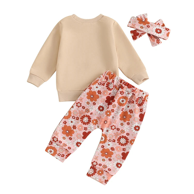 Baby Toddler Girls 3Pcs Outfit Auntie's Bestie Letter Print Long Sleeve Crewneck Top and Floral Flowers Print Jogger Pants Headband Clothes Set