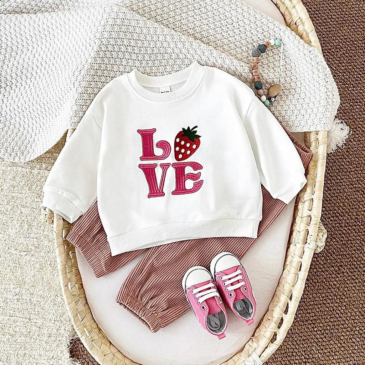 Baby Toddler Boys Girls 2Pcs Set Fruit Letters MOOD / LOVE / VIBE EmbroideryLong Sleeve Crewneck Top + Corduroy Pants Outfit