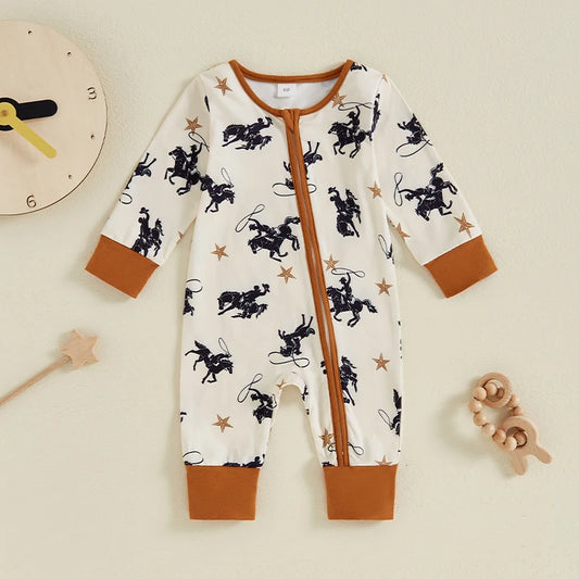 Baby Boy Zipper Romper Casual Western Cowboy Horse Print Long Sleeve Jumpsuit