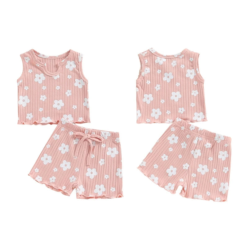 Baby Toddler Kids Girls 2PCS Sleeveless Round Neck Floral Flowers Print Tank Top with Elastic Waist Shorts Set