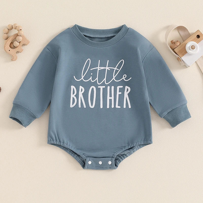 Baby Boys Little Brother Bubble Romper Letter Print Round Neck Long Sleeve Bodysuit Jumpsuit