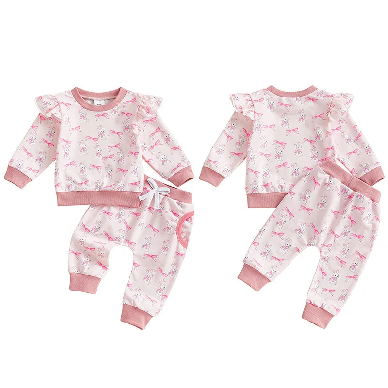 Baby Toddler Girls 2Pcs Easter Outfit Bow Bunny Rabbit Print Long Sleeve Top + Elastic Waist Long Pants Spring Set