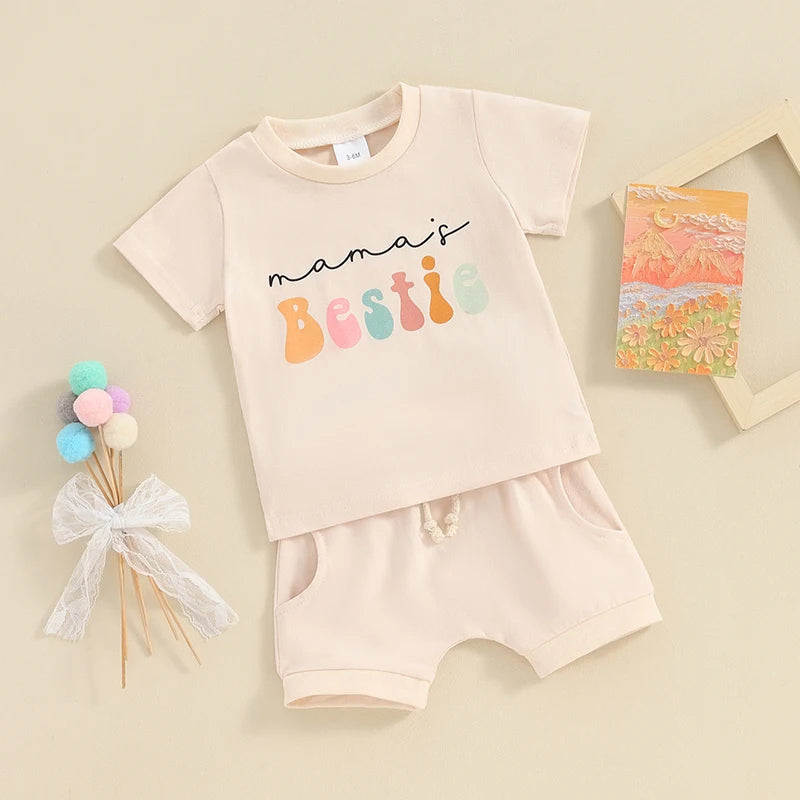 Baby Toddler Girls Boys 2Pcs Mama's Bestie Clothes Set Short Sleeve Letters Print Top with Elastic Waist Shorts Spring Summer Outfit