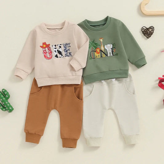 Baby Boys Girls 2Pcs 1st Birthday Outfit Long Sleeve ONE Letter Cowboy Gow Animals Print Top and Solid Color Pants Set