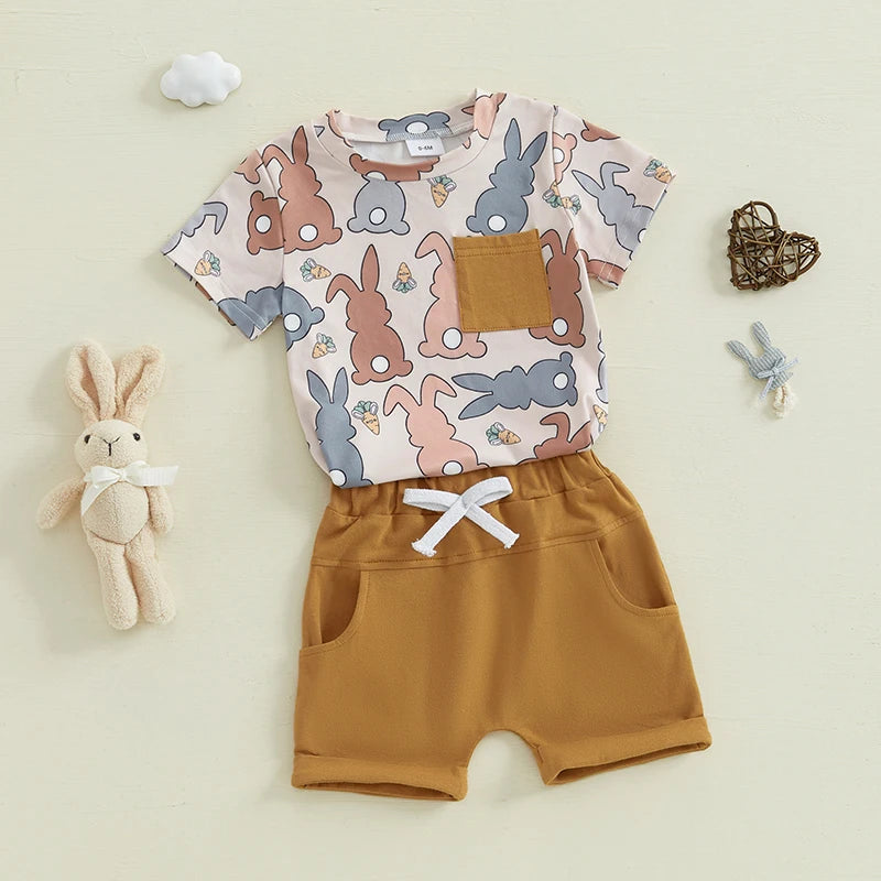 Baby Toddler Boys 2Pcs Easter Shorts Set Carrot Bunny Print Short Sleeve Round Neck Top Elastic Waistband Shorts
