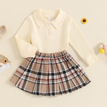 Load image into Gallery viewer, Toddler Kids Girls 2Pcs Long Sleeve Collared Shirt Top with Pleated Mini Plaid Skirt Fall Outfit Set
