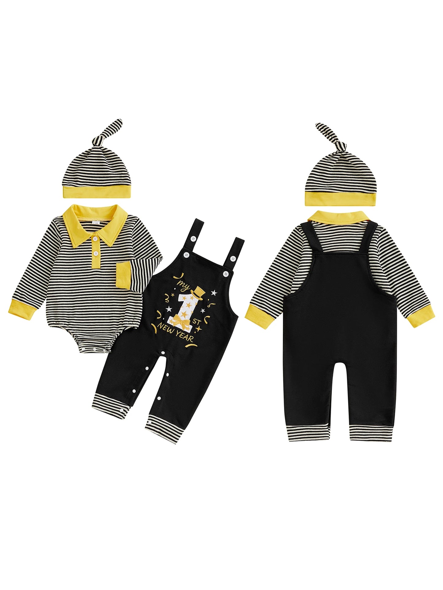 Baby Boy 3Pcs My First New Years Outfit Long Sleeve Turn Down Collar Striped Jumpsuit Letter Number Embroidery Overalls and Hat Set