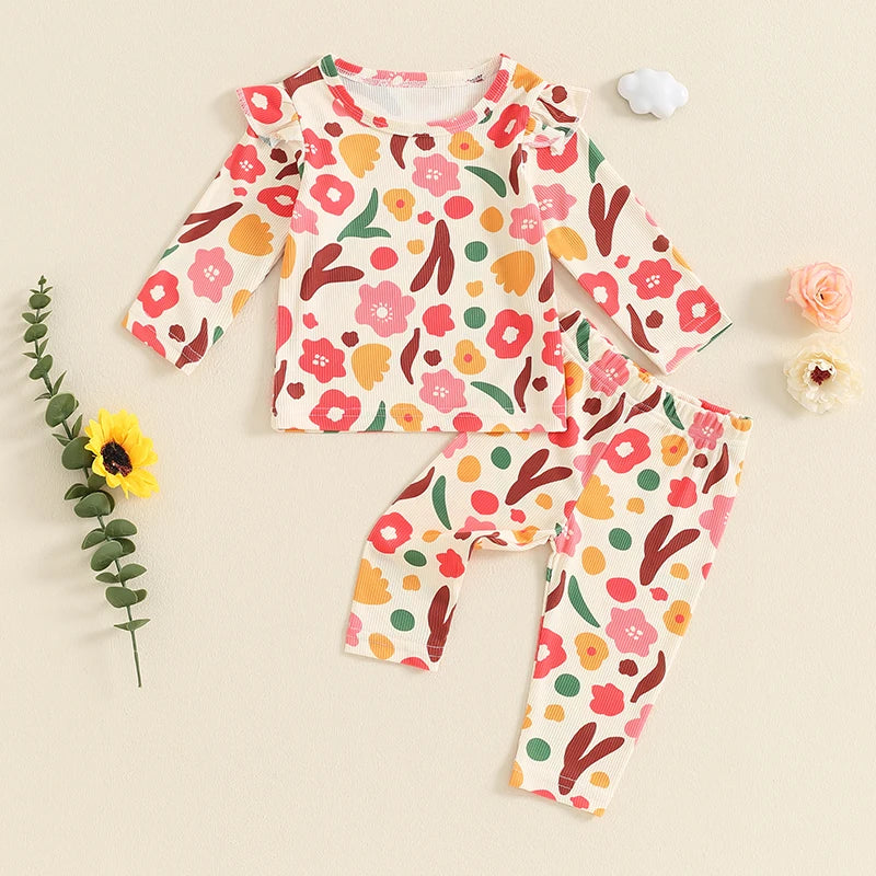 Baby Toddler Girls 2Pcs Flower Print Long Sleeve Top with Matching Pants Set Outfit