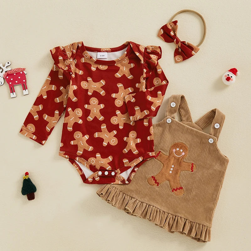 Baby Girls 3Pcs Christmas Outfit Reindeer / Gingerbread Man Print Romper Corduroy Overalls Dress Headband Bow Set