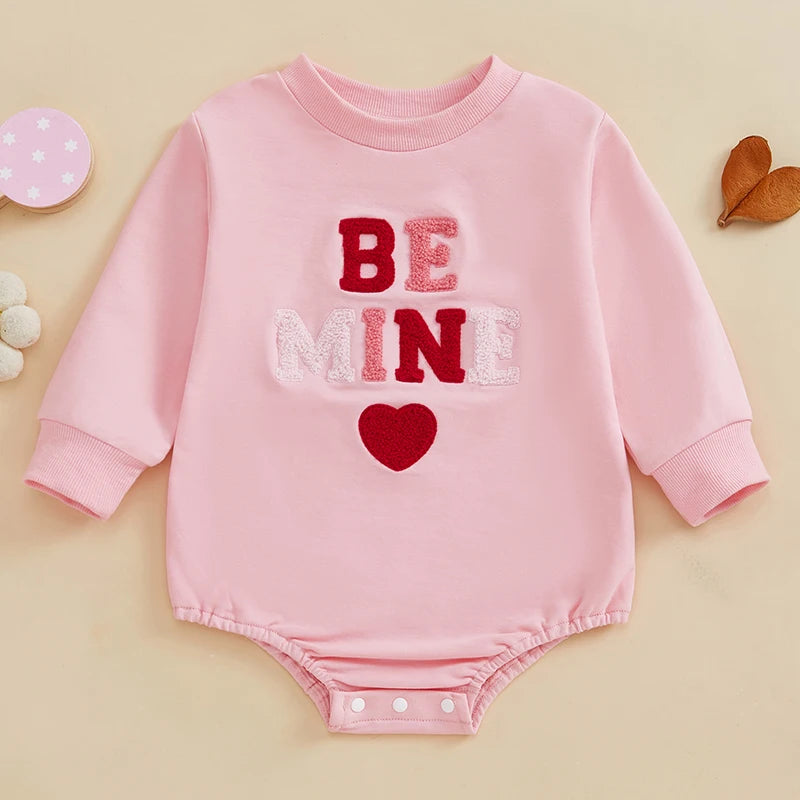 Baby Girls Bubble Romper Valentine's Day Be Mine / Kiss Me / Sweet Heart Letter Embroidered Long Sleeve Jumpsuit Valentines