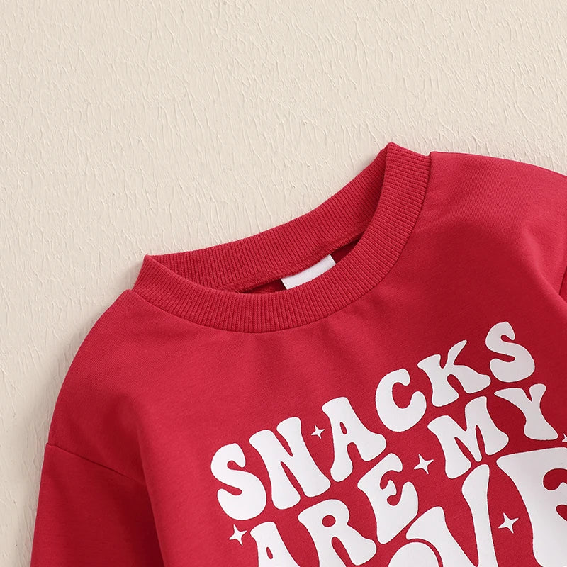 Baby Toddler Boys Girls 2Pcs Snacks Are My Love Language Valentine's Day Outfit Letter Print Long Sleeve Top and Elastic Pants Jogger Set Valentines