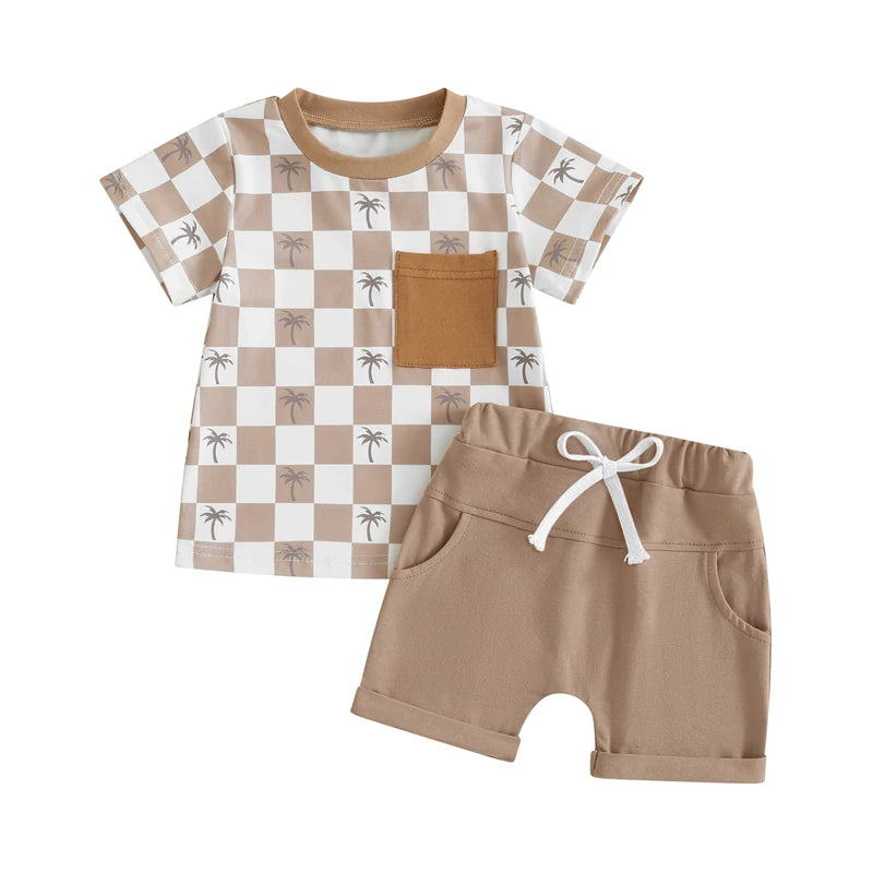 Baby Toddler Boys 2Pcs Summer Spring Shorts Set Short Sleeve Checker Palm Tree Print Top with Elastic Waist Shorts Outfit