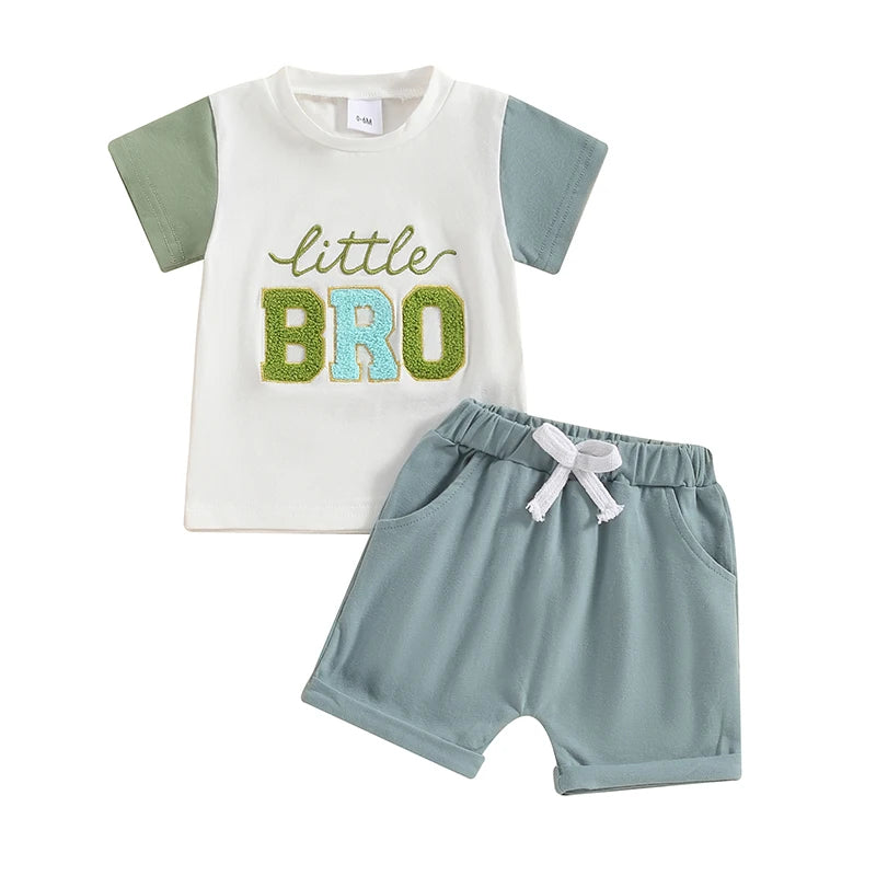 Baby Toddler Kids Boys 2Pcs Little Big Bro Brothers Matching Clothes Set Short Sleeve Embroidery Letters Top with Elastic Waist Shorts Set Summer Outfit