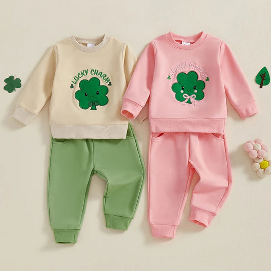 Baby Toddler Boys Girls 2Pcs Spring Outfit Lucky Charm Shamrock Letter Embroidery Long Sleeve Crew Neck Top with Drawstring Pants Jogger Set