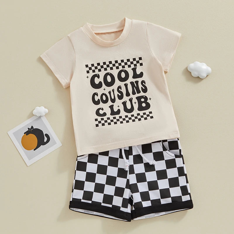 Baby Toddler Boy 2Pcs Cool Cousins Club Letter Print Top and Checkered Shorts Clothing Set Outfit