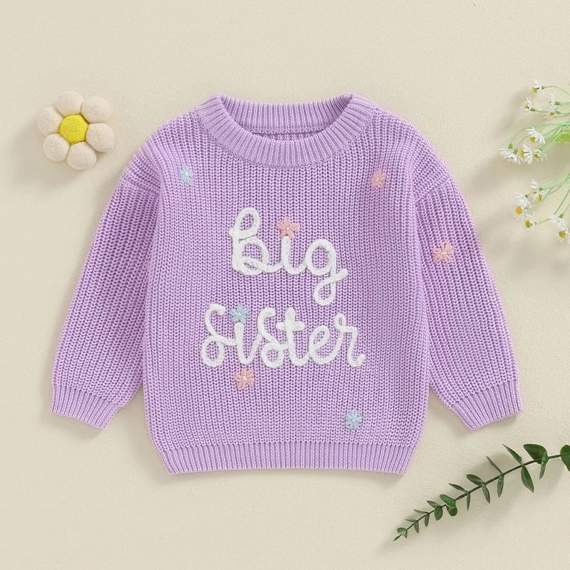 Toddler Kids Girl Big Sister Sweater Cute Long Sleeve Letter Embroidery Knit Pullover Loose Top