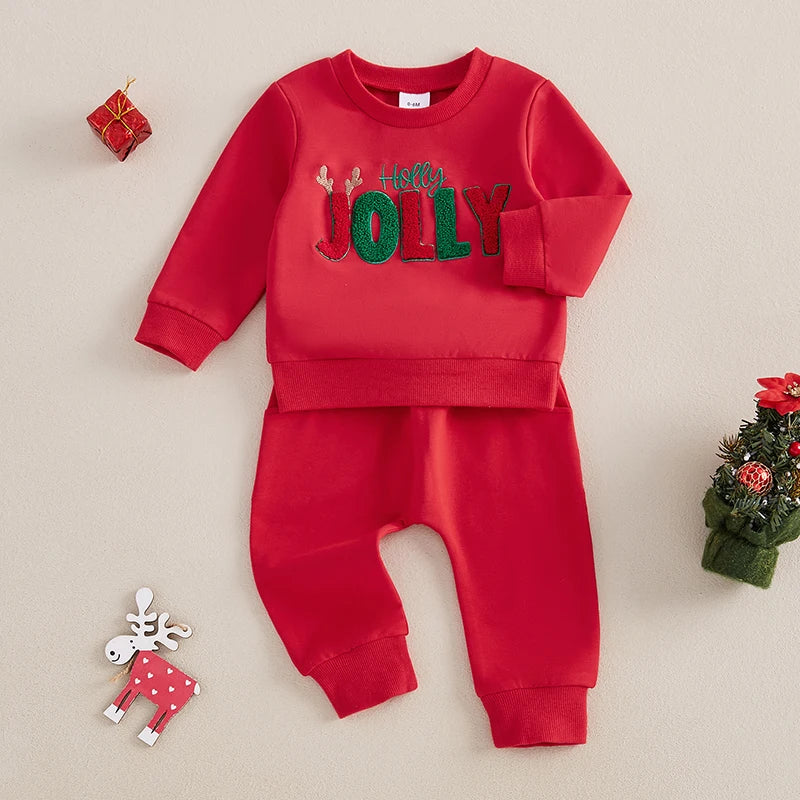 Baby Toddler Girls Boys 2Pcs Holly Jolly Christmas Outfit Letter Embroidery Long Sleeve Top with Solid Long Pants Jogger Set