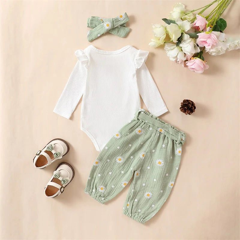 Baby Girl 3Pcs Solid Ribbed Ruffle Romper Long Sleeve Daisy Print Pants and Bow Headband Set