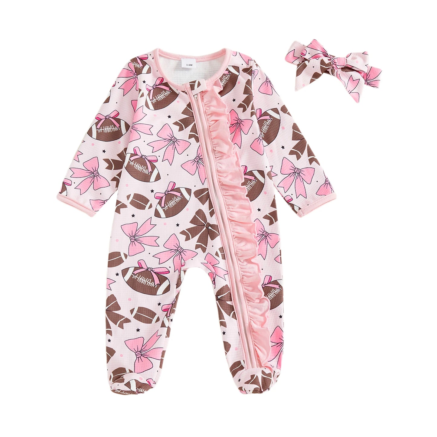 Baby Girl 2Pcs Footed Romper Fashionable Bow and Football Print Ruffled Long Sleeve Jumpsuit with Headband Set
