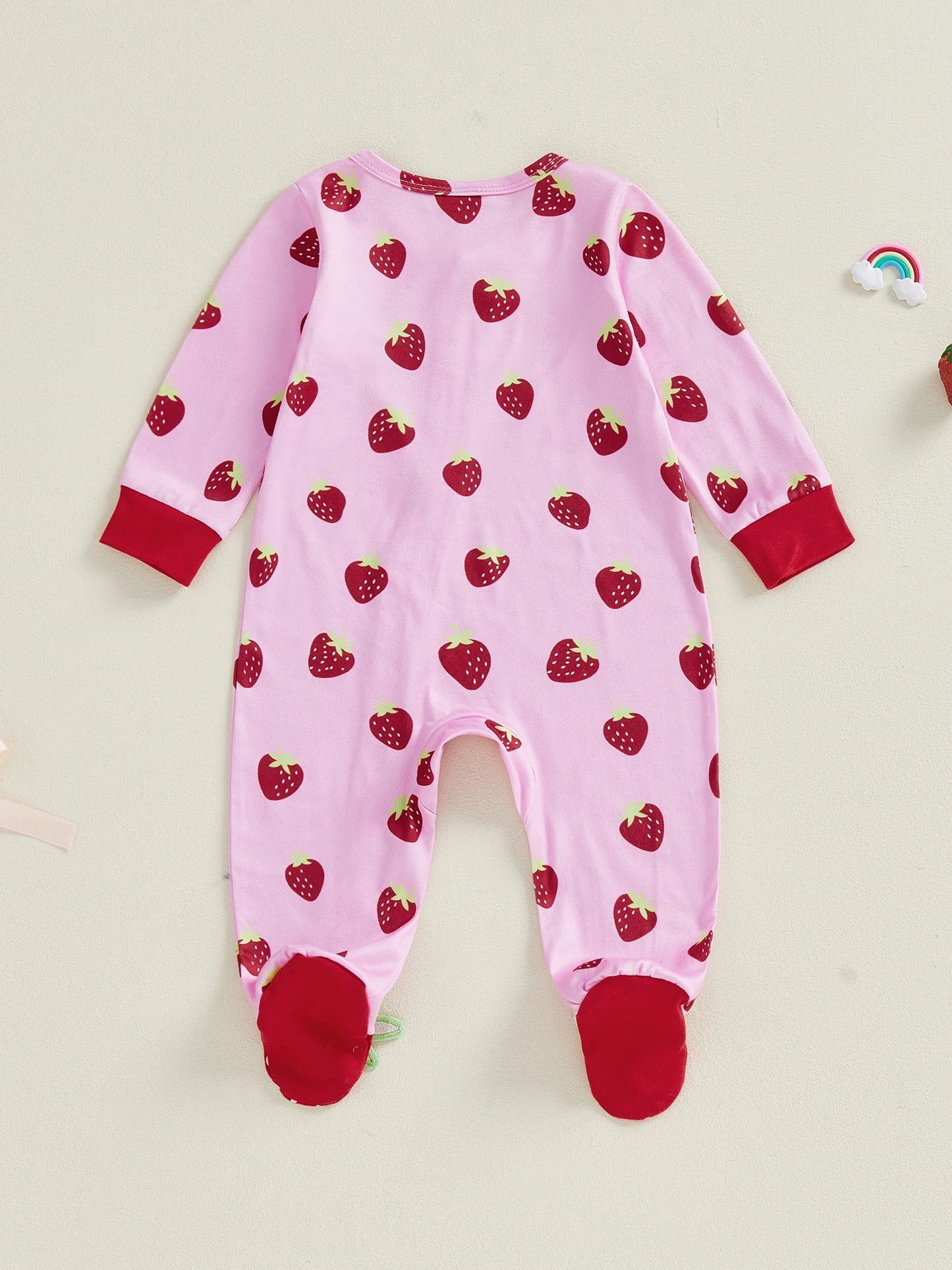 Baby Girls Zipper Romper Long Sleeve Crew Neck Strawberry Print Footed Spring Jumpsuit