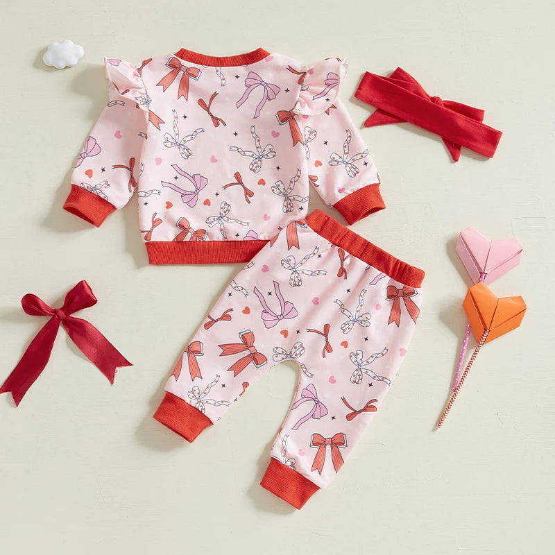 Baby Toddler Girls 3Pcs Valentine's Day Outfit Bow Heart Print Long Sleeve Crewneck Top with Pants Headband Jogger Set