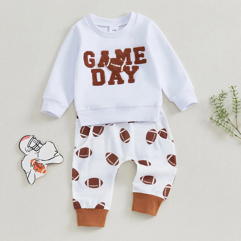 Baby Toddler Boys Girls 2Pcs Football Outfit GAME DAY Long Sleeve Letter Embroidery Top + Pants Jogger Set