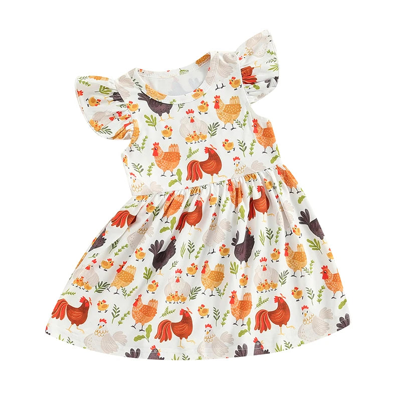 Baby Toddler Girls Dress Farm Rooster Hen Print Fly Short Sleeve Crew Neck Dress Summer Fall