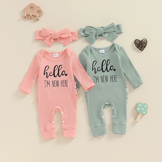 Baby Girl 2Pcs Hello I'm New Here Romper Letter Print Ribbed Long Sleeve Round Neck Full Length Jumpsuit with Headband Set