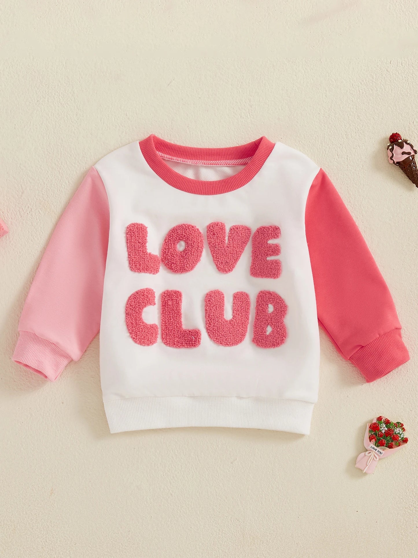 Baby Toddler Kids Girls LOVE CLUB Valentine's Day Letter Embroidered Contrast Color Long Sleeve O-Neck Casual Top