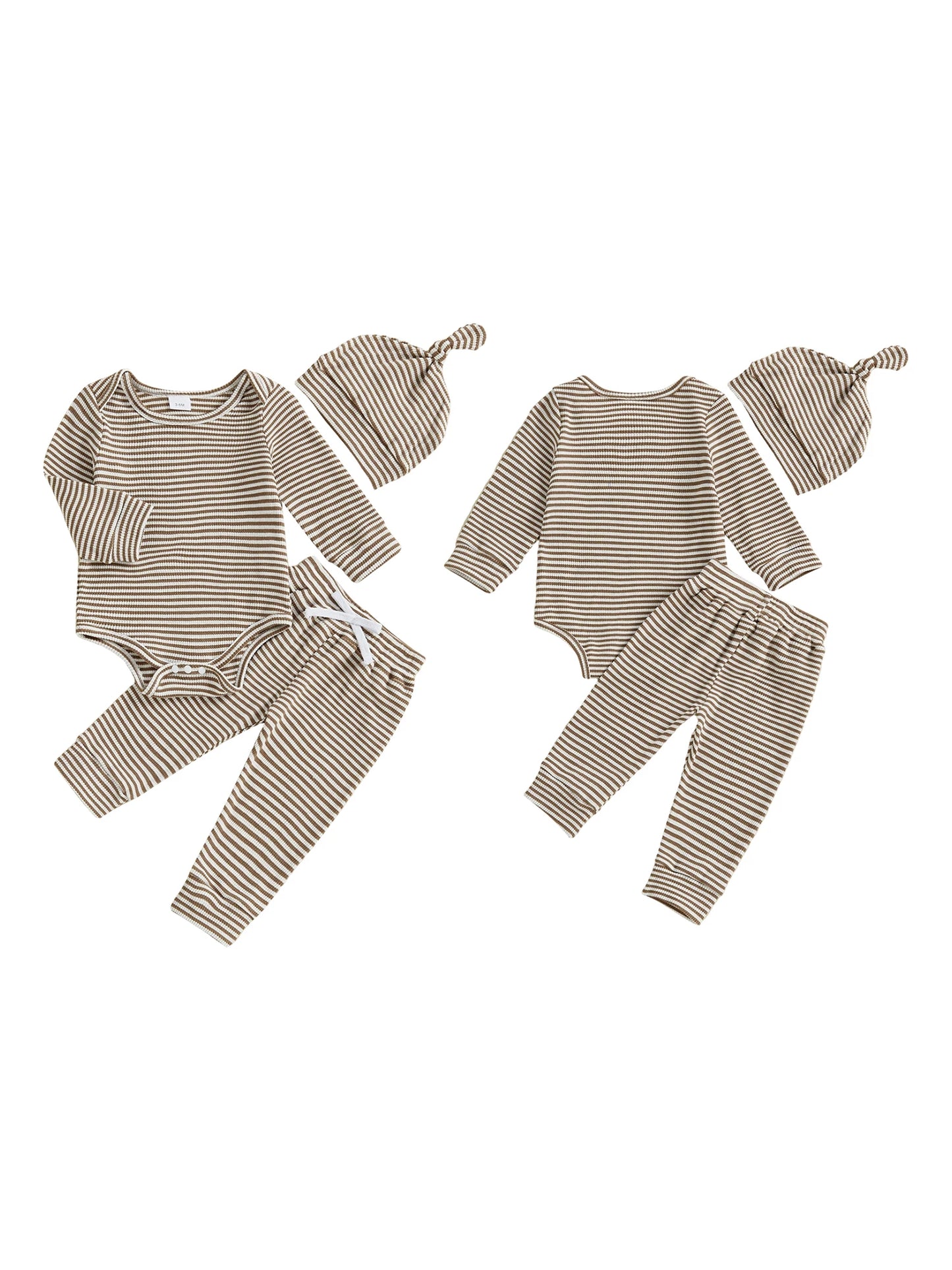Baby Boys Girls 3Pcs Outfits Striped Crew Neck Long Sleeve Romper Pants and Cap Hat Set