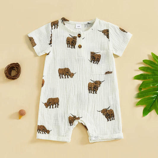 Baby Boys Girls Summer Cattle Cow Print Jumpsuit Short Sleeve Round Neck Button Up Casual Romper