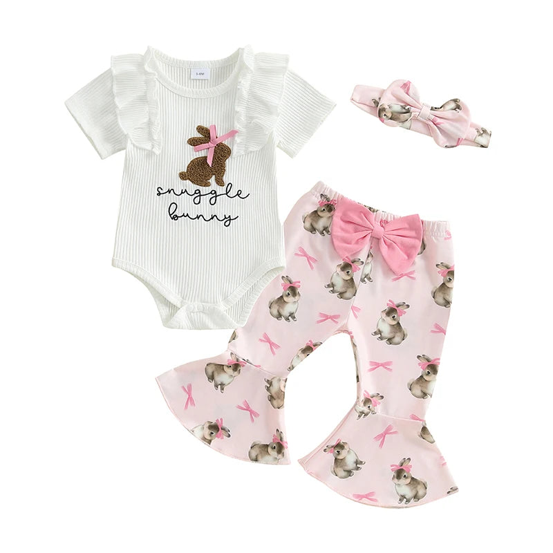 Baby Girls 3Pcs Snuggle Bunny Easter Outfit Short Sleeve Letter Embroidery Romper with Bunny Rabbit Print Flare Pants and Bow Headband Set