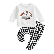 Load image into Gallery viewer, Baby Boy Girl 2Pcs Fall Outfit Set Letters Ghost Print Long Sleeve Top with Checkered Pants Halloween
