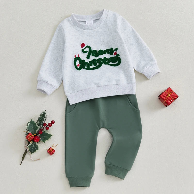 Baby Toddler Boys 2Pcs Merry Christmas Santa Hat / Tis The Season Tree Outfit Letter Embroidery Long Sleeve Top Long Pants Winter Jogger Set