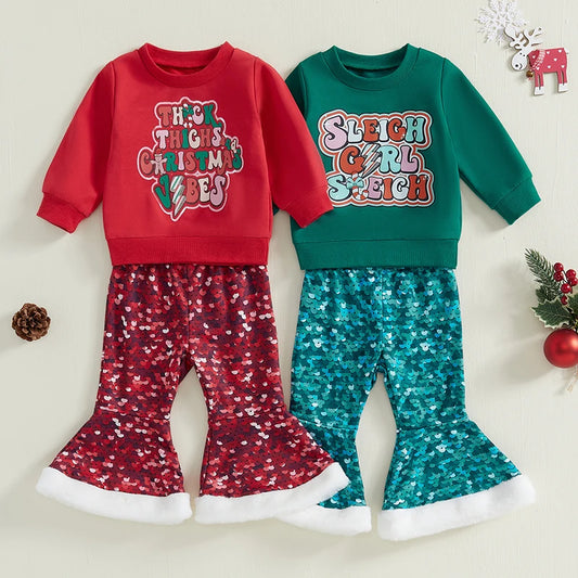 Baby Toddler Girls 2Pcs Christmas Outfit Sleigh Girl / Thick Thighs Christmas Vibes Letter Print Crew Neck Long Sleeve Top with Sequin Flare Pants Set