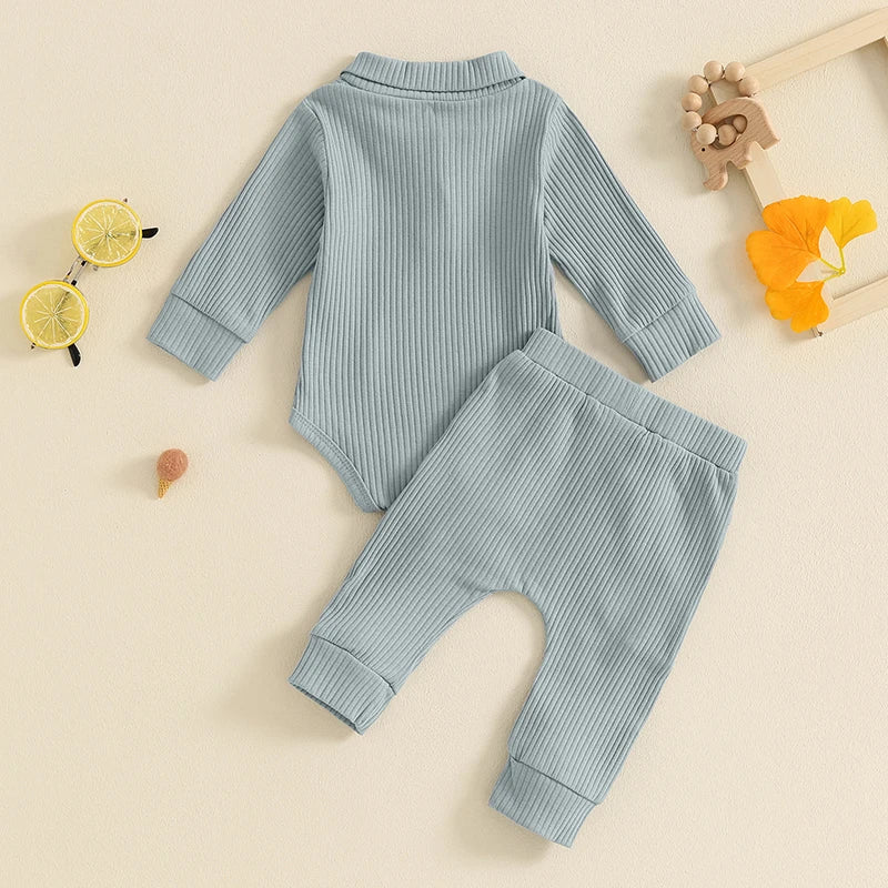 Baby Boys Girls 2Pcs Ribbed Set Button Long Sleeve Romper with Collar Drawstring Pocket Long Pants Outfit Clothes