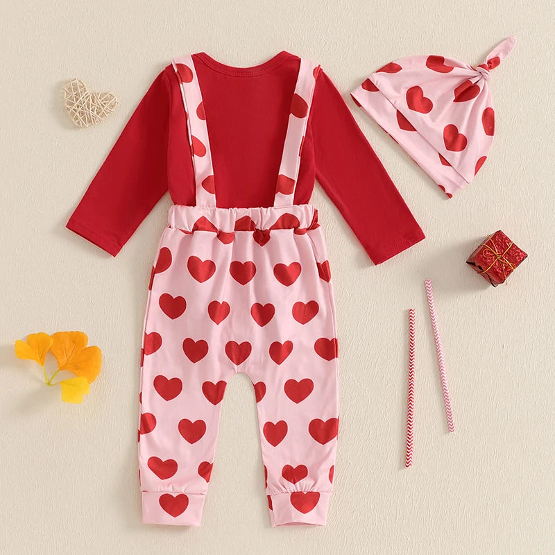 Baby Boys Girls 3Pcs Valentine’s Day Outfit Long Sleeve Romper with Bowtie Suspender Pants Hat Set Valentines