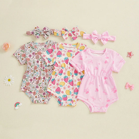 Baby Girls 2Pcs Elastic Waist Romper Floral Flowers / Bow / Strawberry Short Sleeve Bodysuit with Headband Clothes Set Outfit Spring Summer