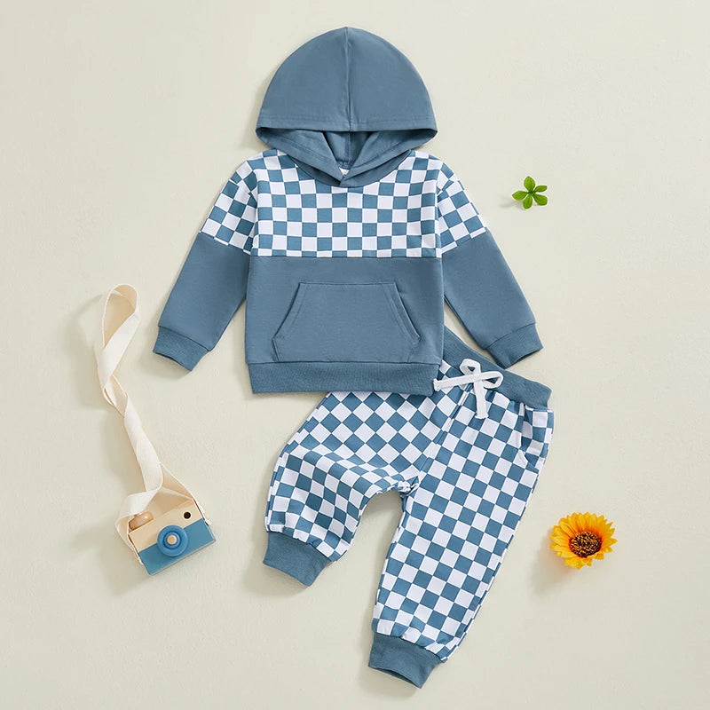 Baby Toddler Boys 2Pcs Outfit Checker Print Long Sleeve Hooded Top Hoodie with Elastic Waist Long Pants Jogger Set