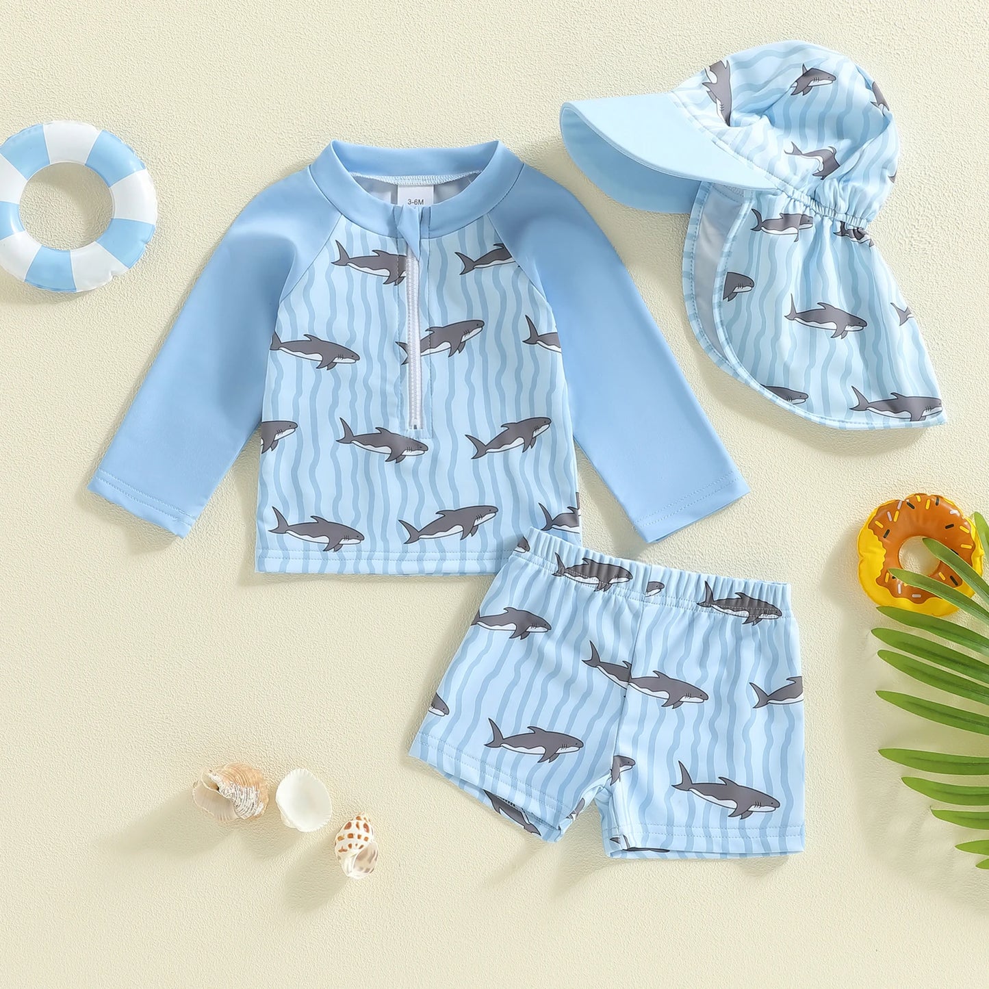 Baby Toddler Boys 3Pcs Rash Guard Swimsuits Long Sleeve Shark/Sailboat Print Bathing Suit Top and Shorts Swimwear with Hat Set