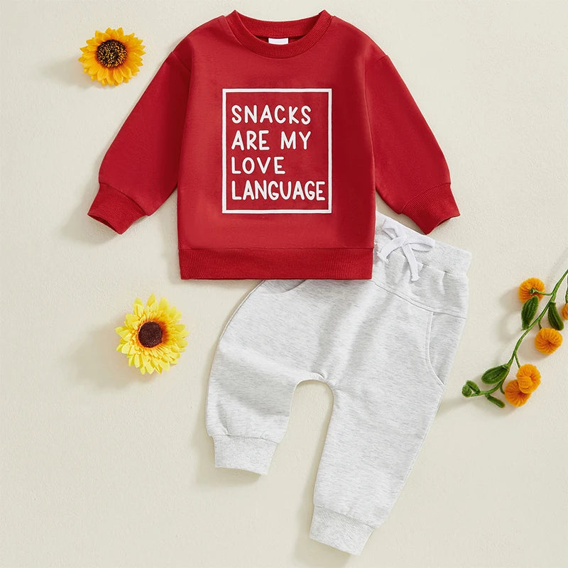 Baby Toddler Boys 2Pcs Snacks Are My Love Language Fall Outfit Letter Print Long Sleeve Top and Long Pants Jogger Set