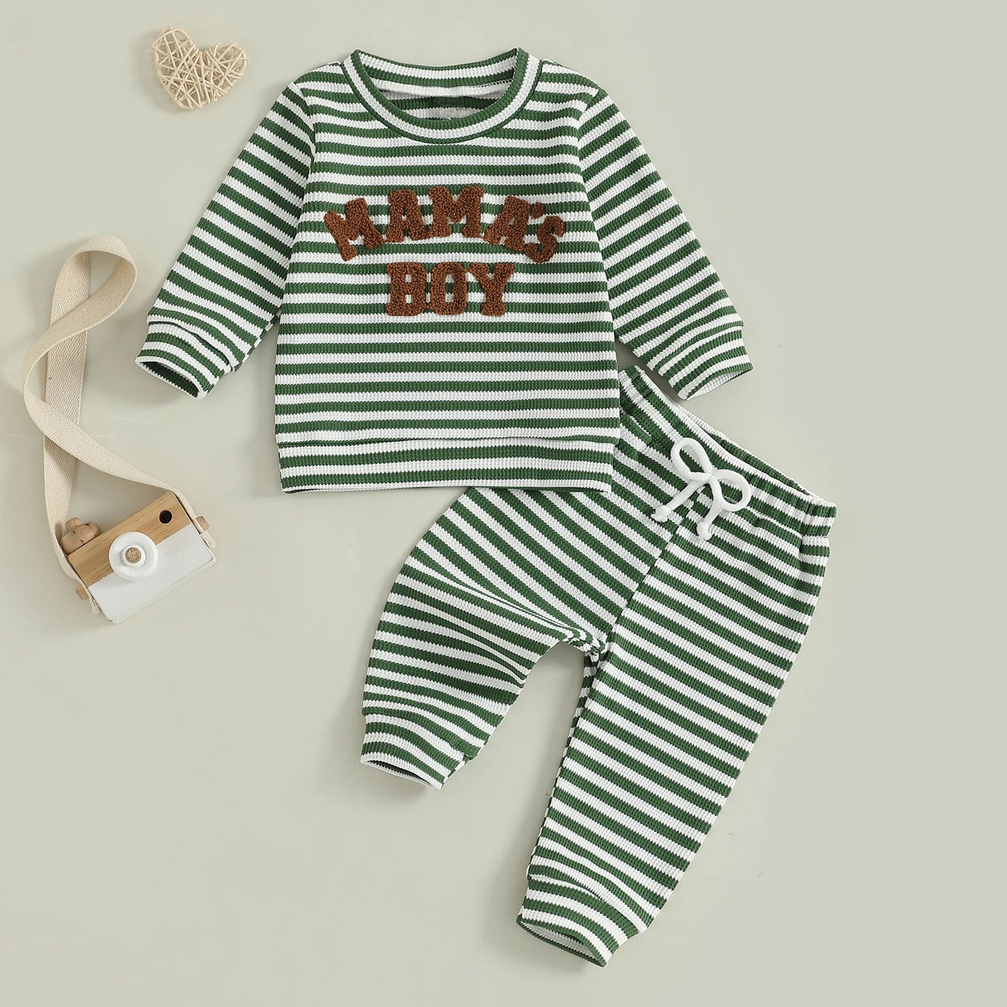 Baby Toddler Boys 2Pcs Mama's Boy / Little Dude Waffle Outfit Letter Embroidery Striped Long Sleeve Top and Elastic Pants Set
