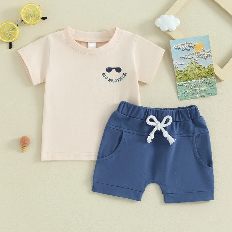 Baby Toddler Boys 2Pcs Big Brother Little Brother Matching Outfits Cool Lil Bro Big Bro Club Letters Print Sunglasses Short Sleeve Top Shorts Set