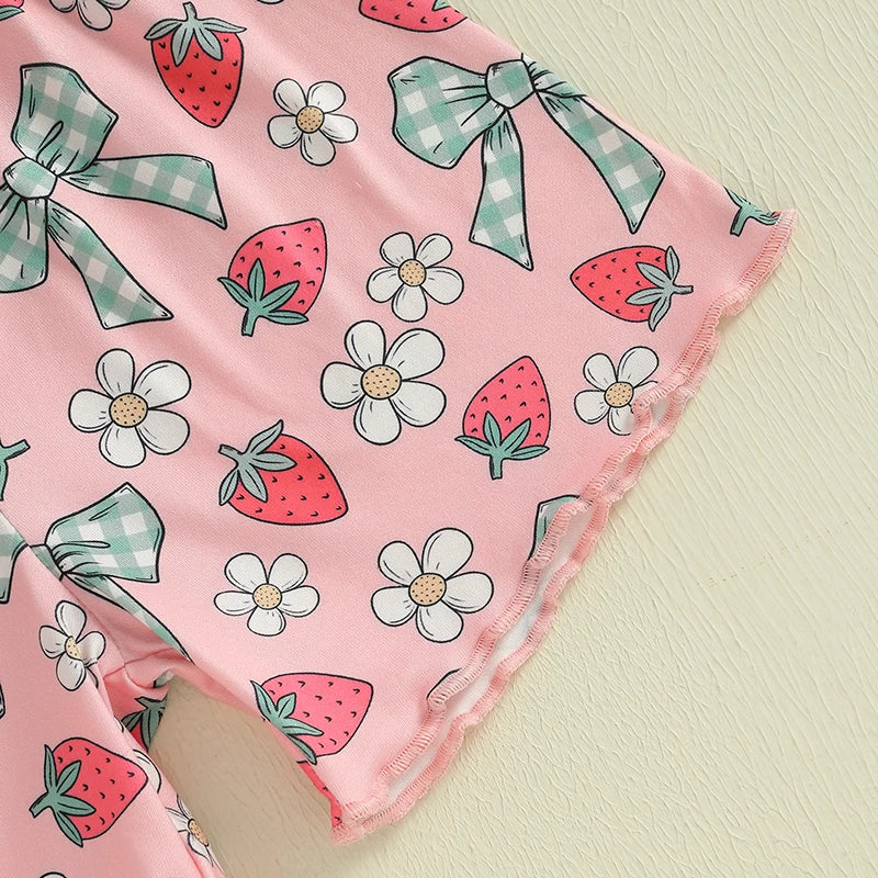 Baby Toddler Girls 2Pcs Summer Spring Outfit Short Sleeve Bow Strawberry Flower Floral Print Top + Shorts Set Clothes